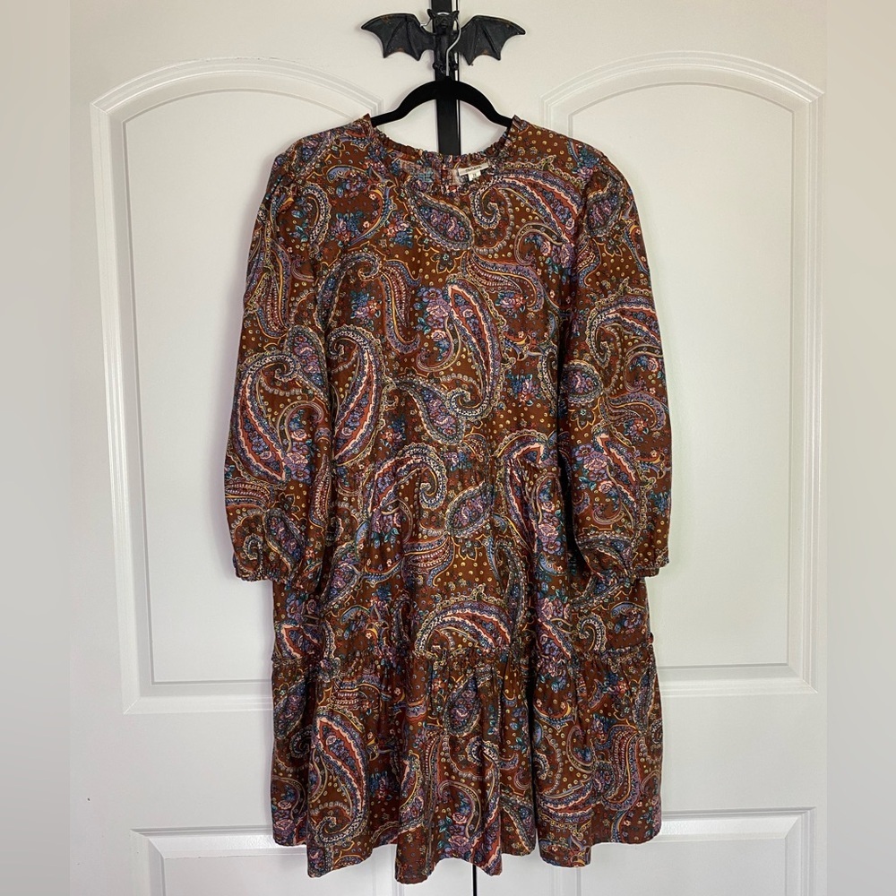 Cottagecore Brown Mini Paisley Dress Puff Sleeves, three Tier, NWT size 2X